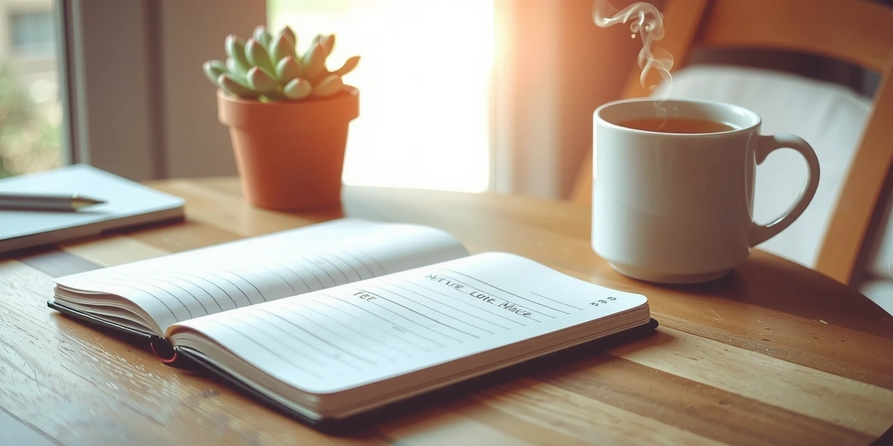 Notizbuch und Tee auf Holztisch im Soft-Focus